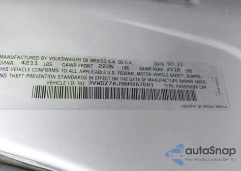 2011 Volkswagen Jetta 2.5L Se z USA, uszkodzony, nr VIN 3VWDZ7AJ9BM367581